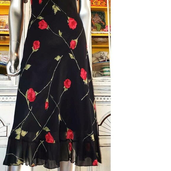 Vintage Betsey Johnson New York 90s Black Floral Red Rose Milkmaid Slip Dress S - Picture 5 of 15